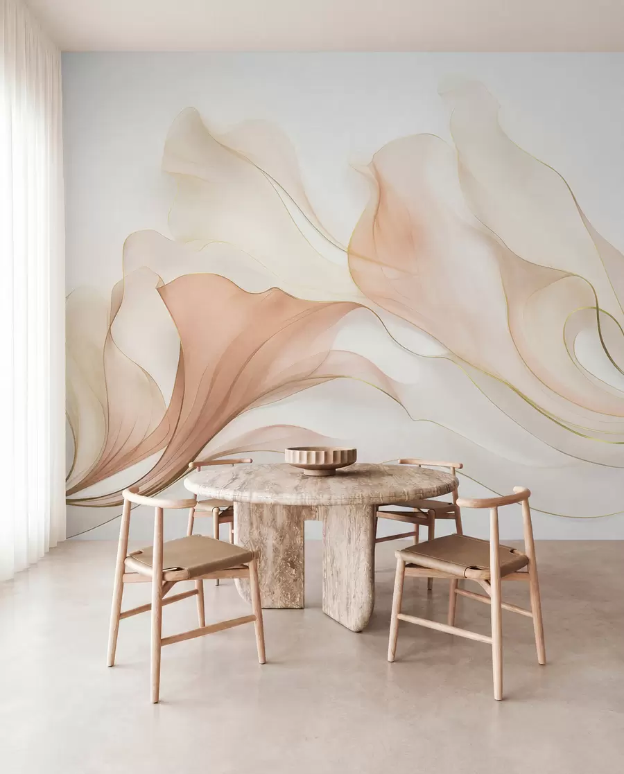 Fotobehang Een abstracte, vloeiende textuur in perzik- en crèmekleurige tinten met delicate lijnen w09815