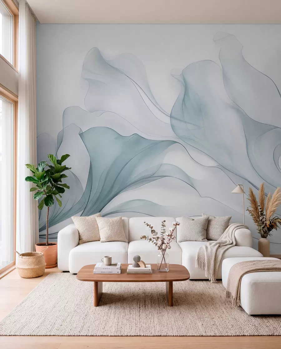 Fotobehang Een abstracte, vloeiende textuur in blauwtinten met fijne lijnen w09815v1