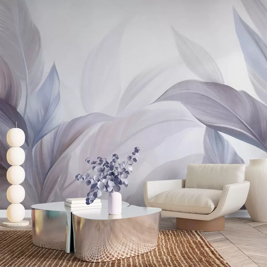 Fotobehang Grote, lichtblauwe en paarse tropische bladeren met zachte pasteltinten, kunst met textuur w09816v1