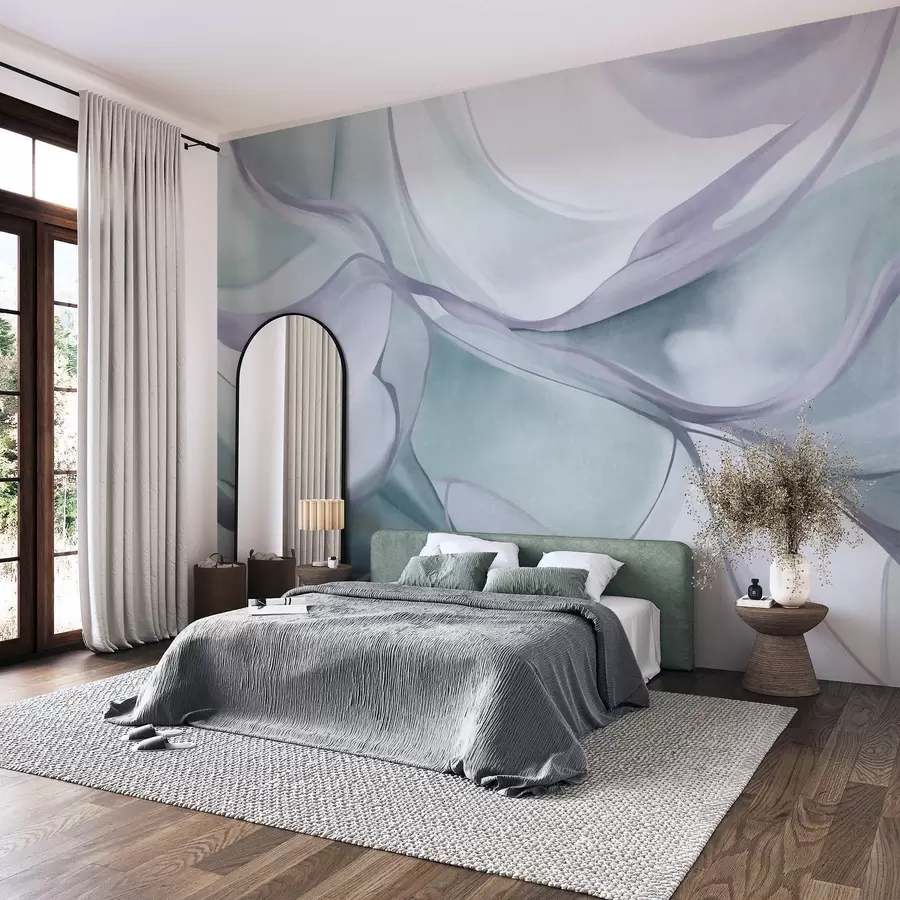 Fotobehang Abstracte, gestructureerde, vloeiende vormen in blauw- en grijstinten met fijne lijnen w09818v1