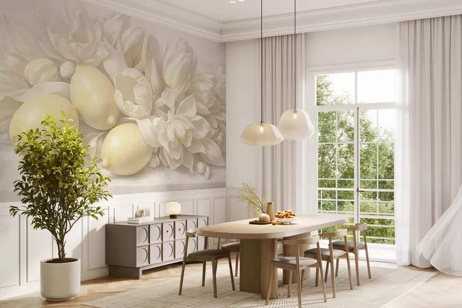 Fotobehang Een subtiel bloemenboeket met citroenen w05449