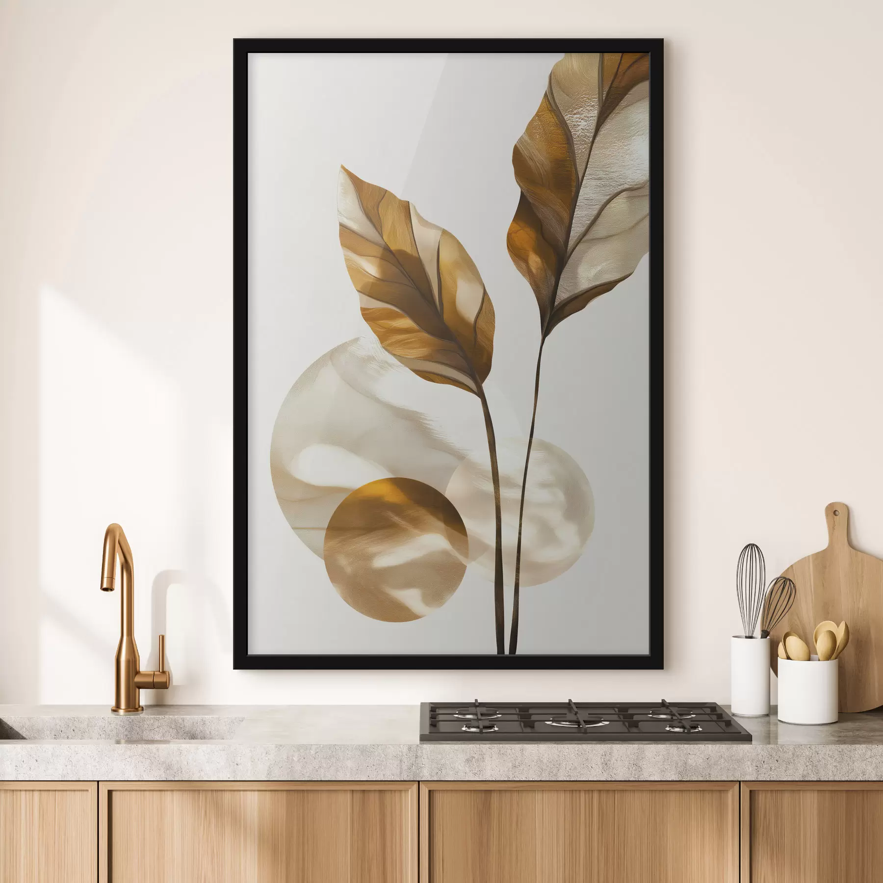 Fotobehang Een abstracte compositie van bladeren en cirkels f48615