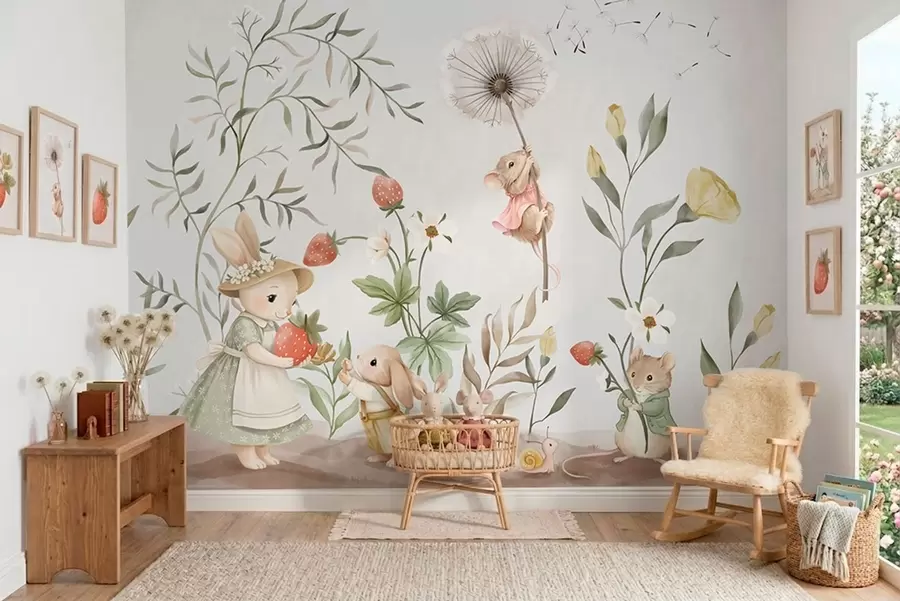 Fotobehang Kinderillustratie van een konijntje en een muis tussen planten en bloemen w05422