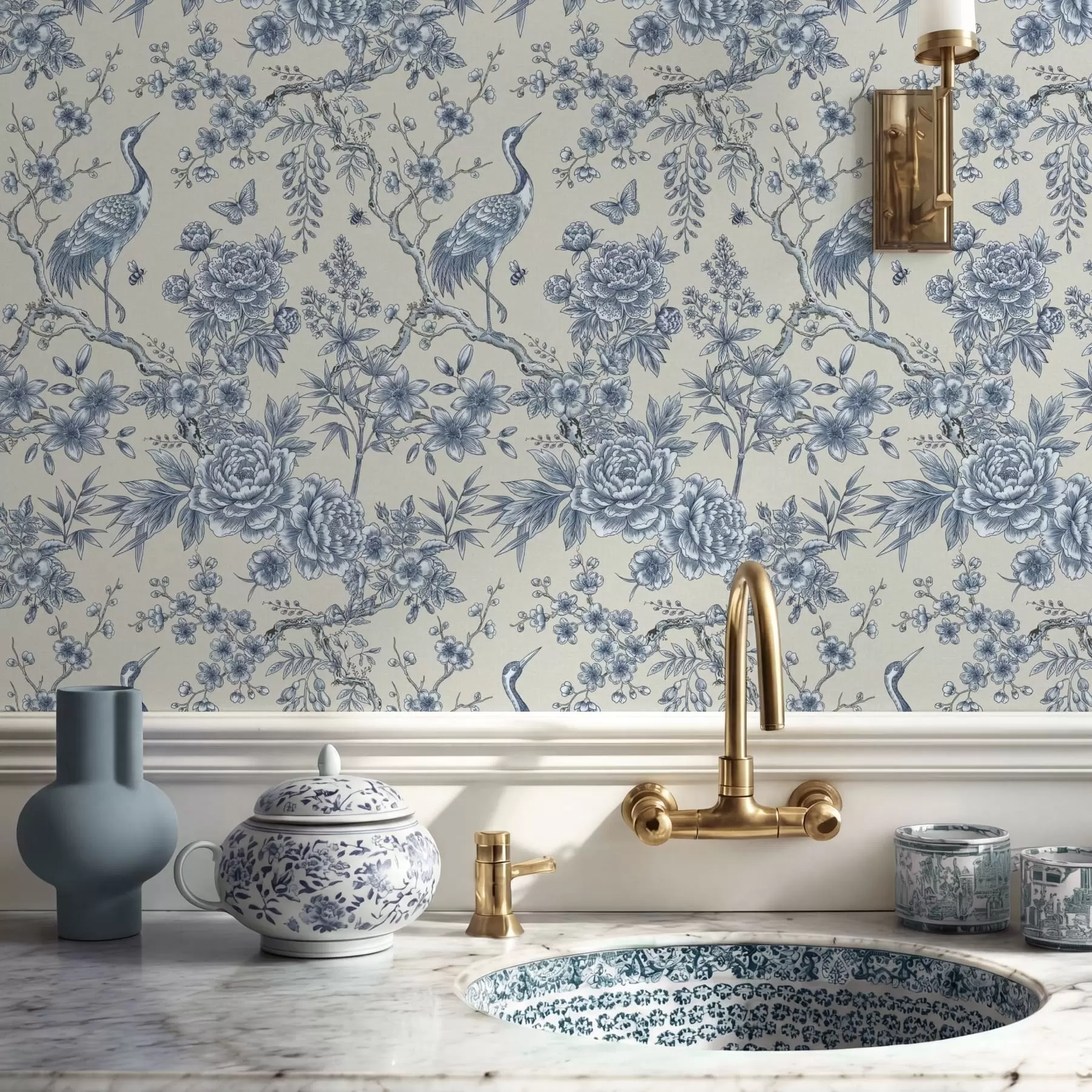 Fotobehang Blauw bloemenmotief met vogel en takken a01132