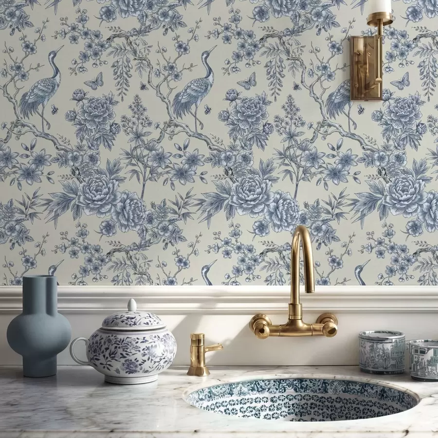 Fotobehang Blauw bloemenmotief met vogel en takken a01132