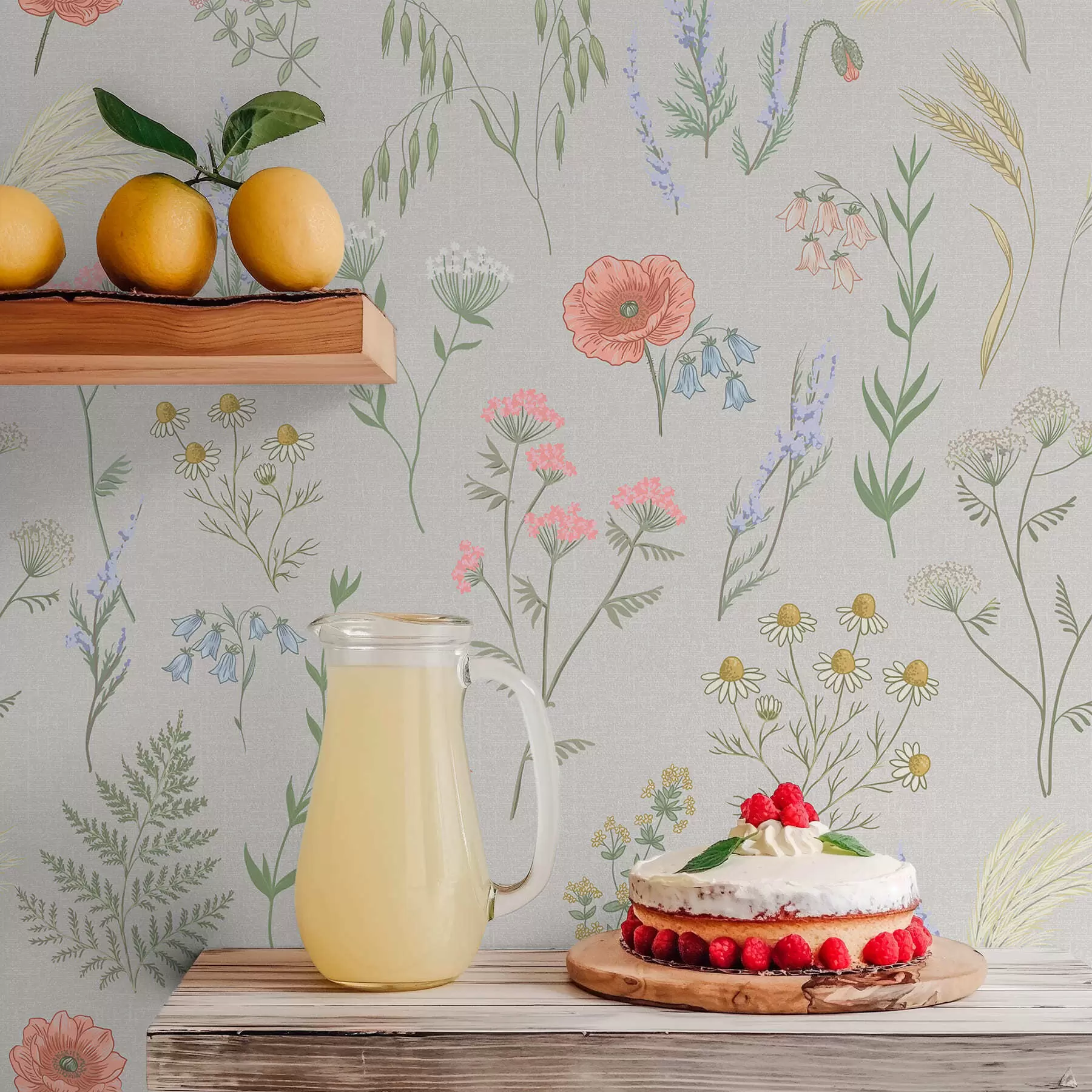 Fotobehang Fijn patroon van wilde bloemen op een lichte achtergrond a01152