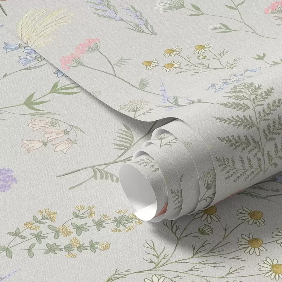 Fotobehang Fijn patroon van wilde bloemen op een lichte achtergrond a01152