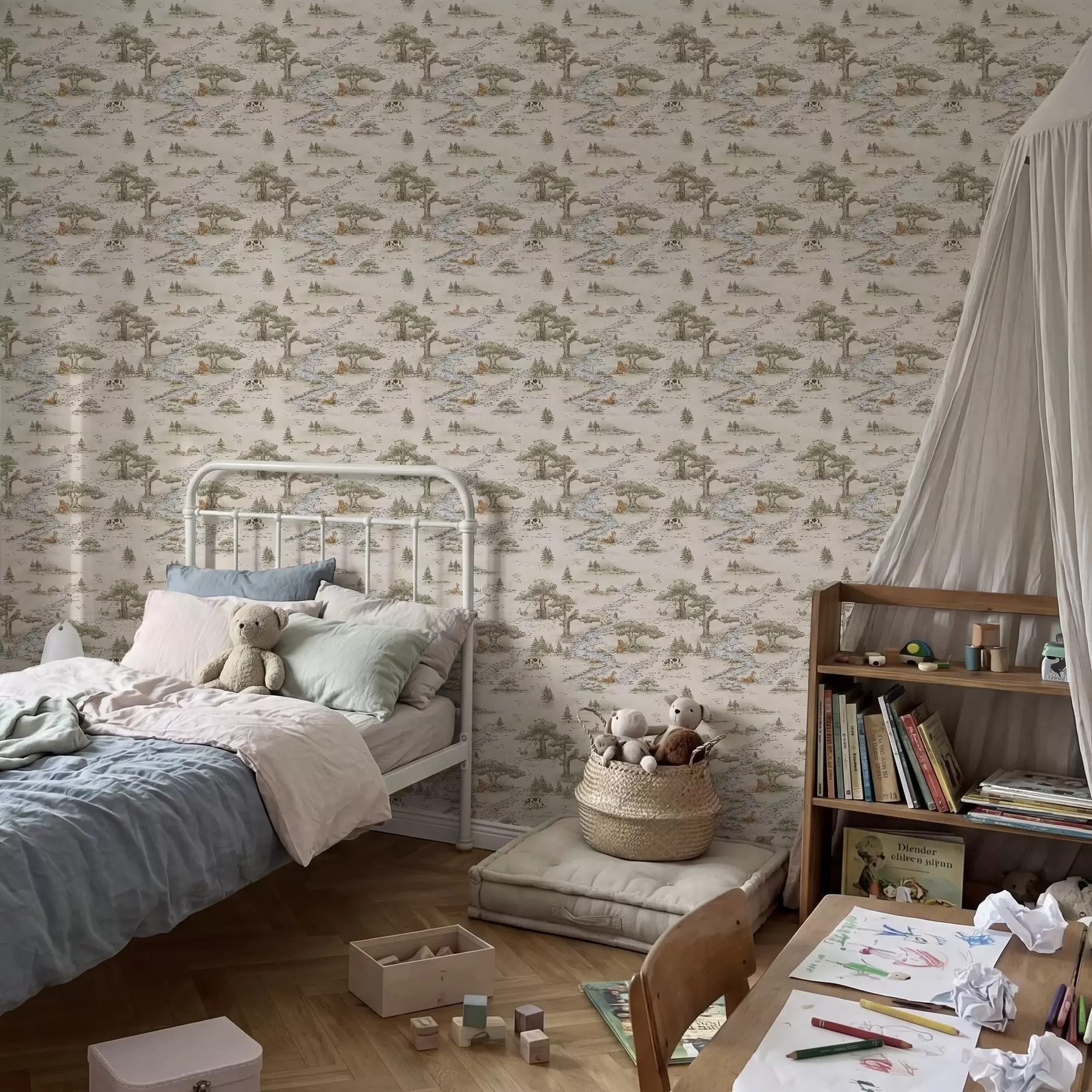 Fotobehang Natuurillustratie met dieren en een rivier a01157