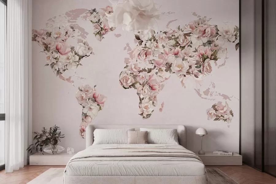 Fotobehang Een roze wereldkaart gemaakt van grote witte en roze pioenrozen c00005