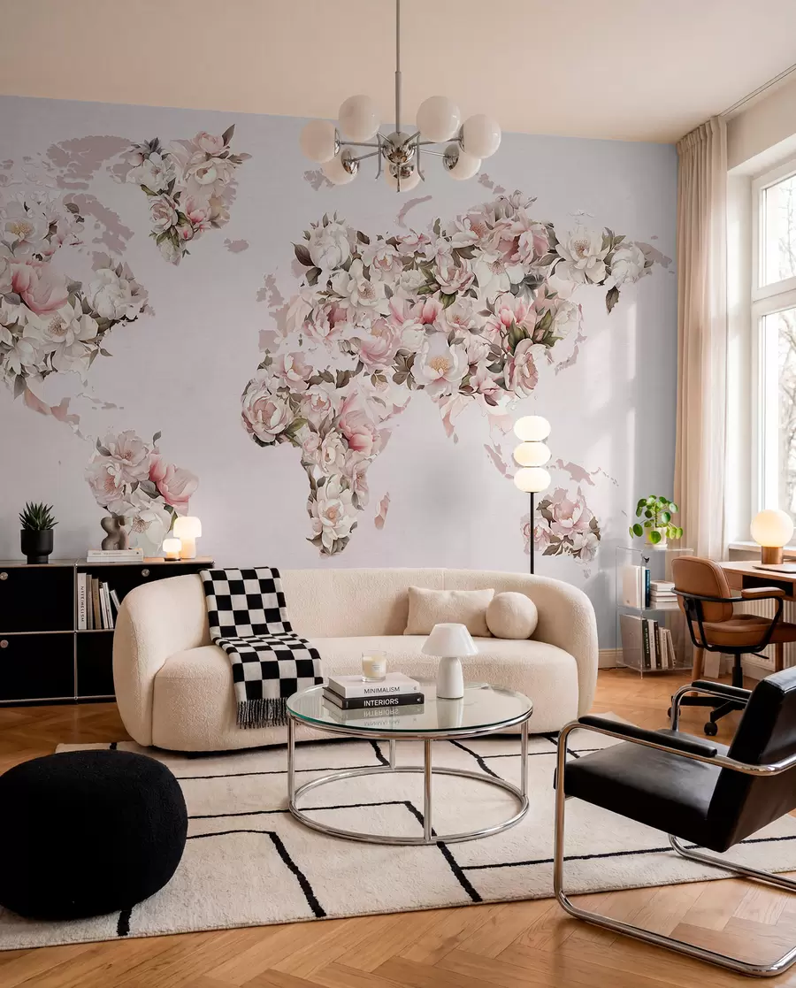 Fotobehang Een roze wereldkaart gemaakt van grote witte en roze pioenrozen c00005