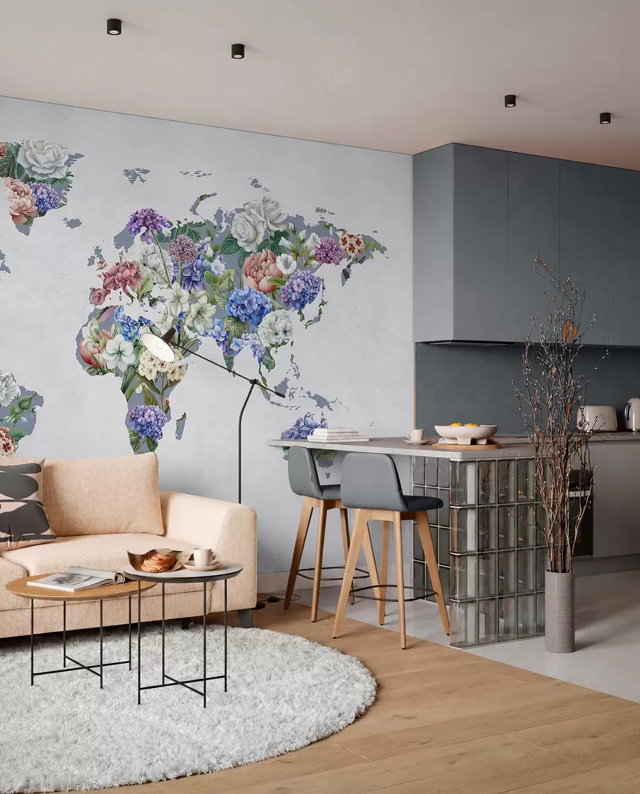 Fotobehang Een kleurrijke wereldkaart gemaakt van allerlei levendige bloemen c00006