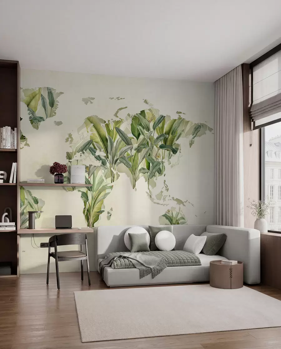 Fotobehang Een groene wereldkaart gemaakt van bananenbladeren c00007