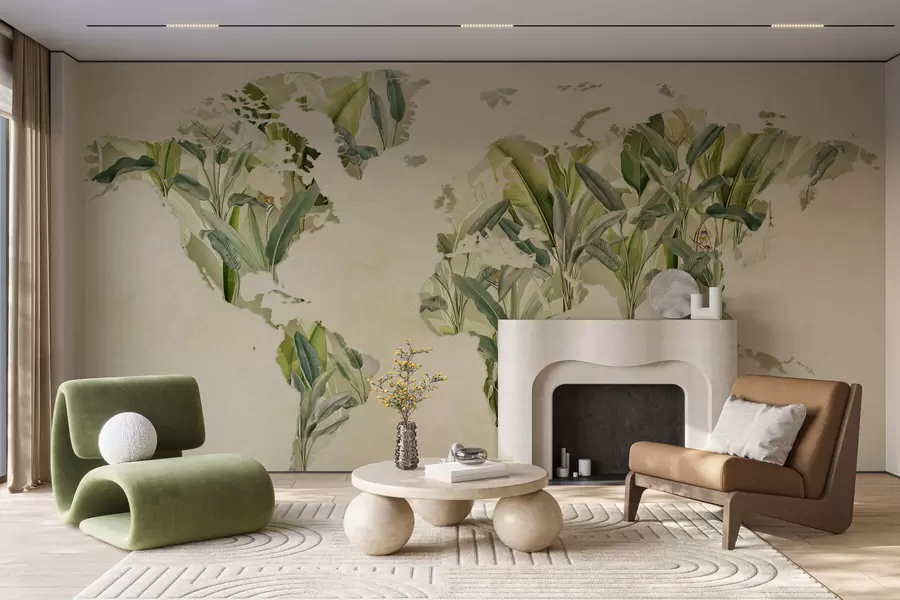 Fotobehang Een groene wereldkaart gemaakt van bananenbladeren c00007