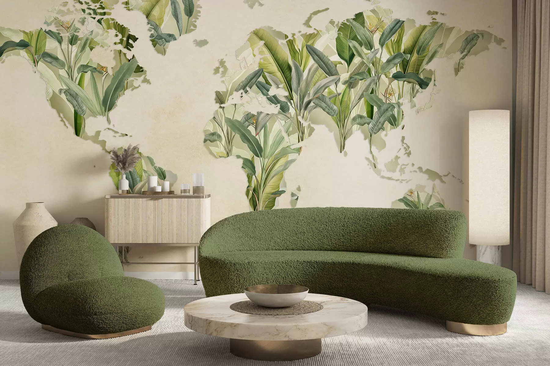 Fotobehang Een groene wereldkaart gemaakt van bananenbladeren c00007