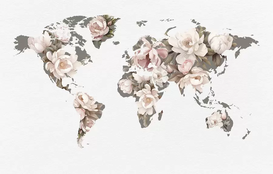 Fotobehang Een verfijnde, romige wereldkaart gemaakt van bloemen c00008