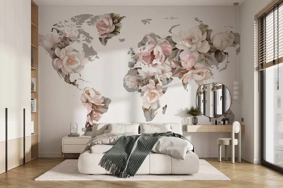 Fotobehang Een verfijnde, romige wereldkaart gemaakt van bloemen c00008