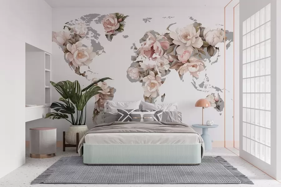 Fotobehang Een verfijnde, romige wereldkaart gemaakt van bloemen c00008