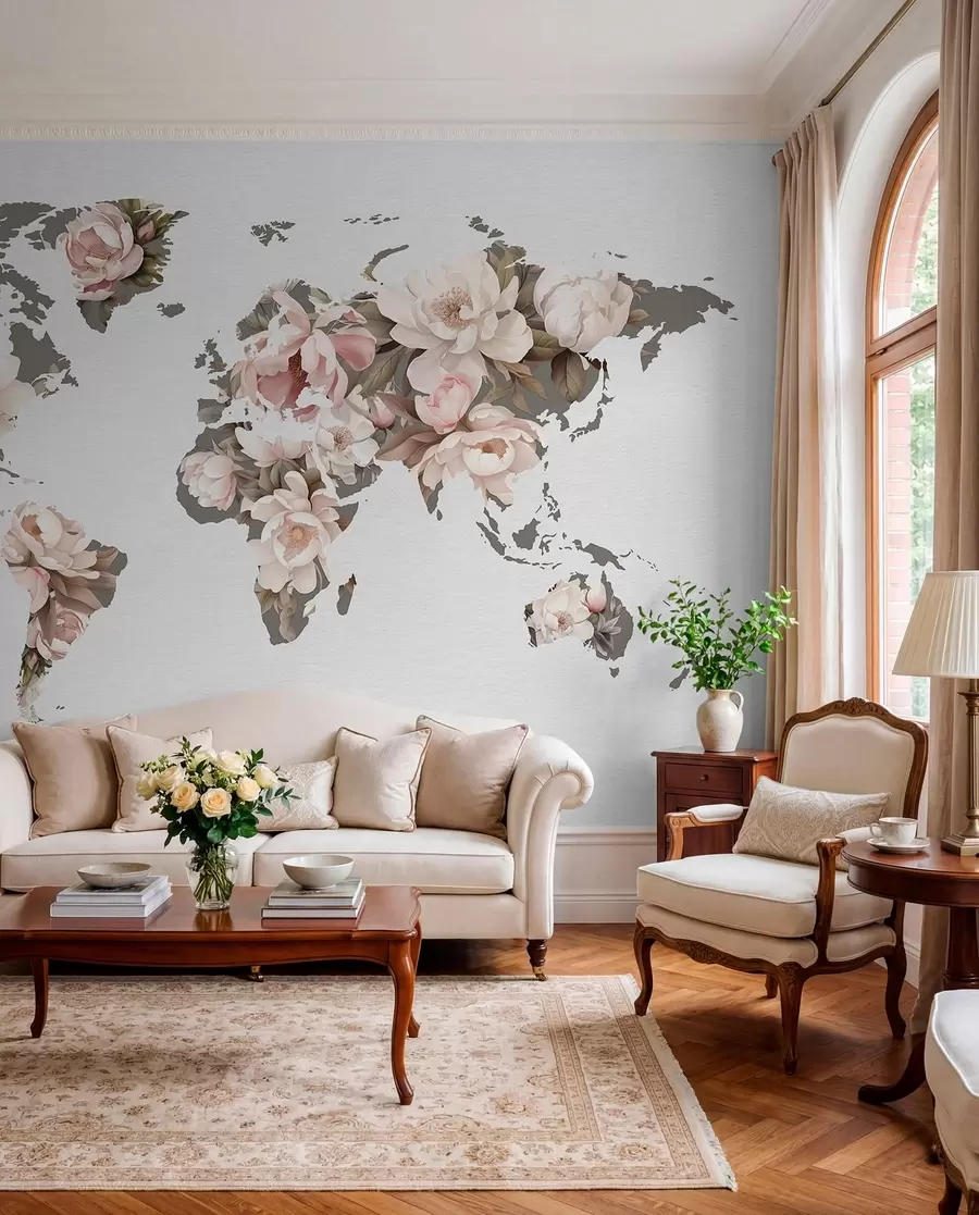 Fotobehang Een verfijnde, romige wereldkaart gemaakt van bloemen c00008