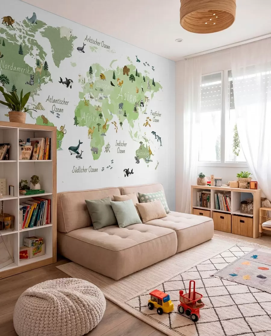 Fotobehang Een groene kaart in aquarelstijl met dieren, planten en architectuur. Bijschriften in het Duits c00009dev2