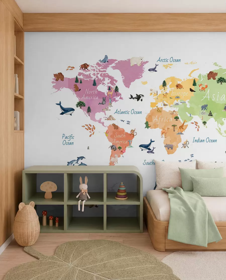 Fotobehang Een kleurenkaart in aquarelstijl met afbeeldingen van dieren, planten en architectuur. Bijschriften in het Engels c00009en