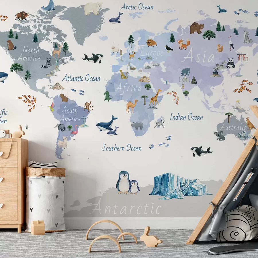 Fotobehang Een blauwe kaart in aquarelstijl met afbeeldingen van dieren, planten en architectuur. Bijschriften in het Engels c00009env1