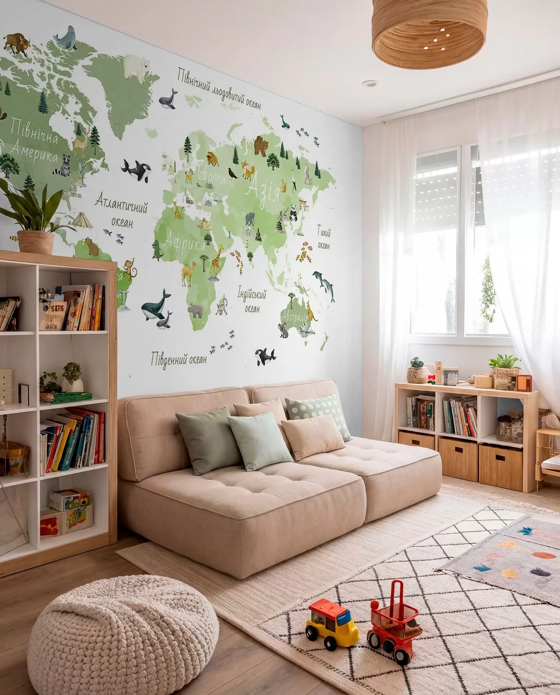 Fotobehang Een groene kaart in aquarelstijl met dieren, planten en architectuur. Bijschriften in het Oekraïens c00009ukv2
