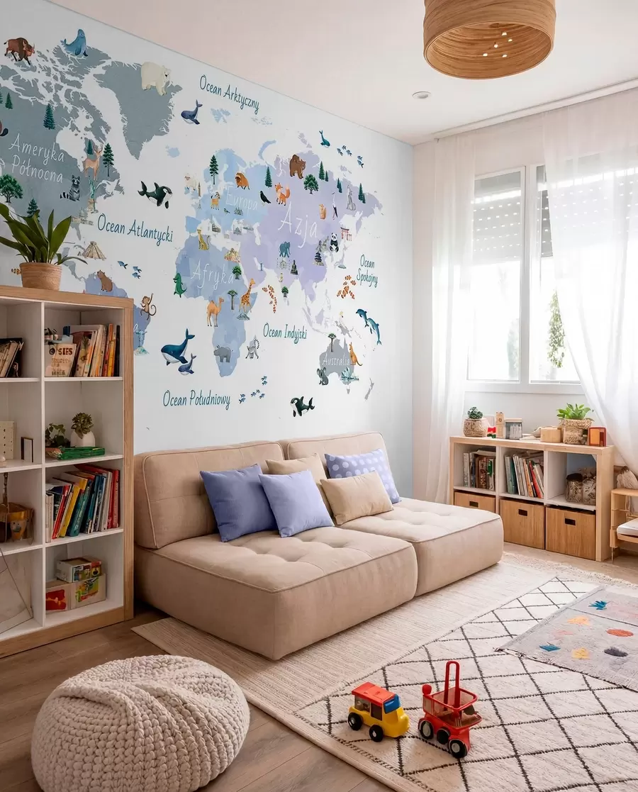 Fotobehang Een blauwe kaart in aquarelstijl met afbeeldingen van dieren, planten en architectuur. Bijschriften in het Pools c00009plv1