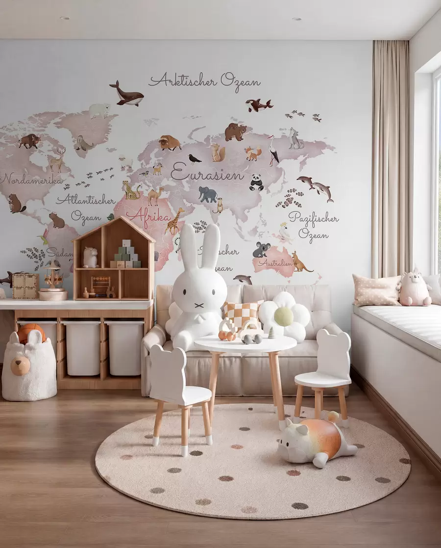 Fotobehang Een beige kaart in aquarelstijl met dieren. Opschriften in het Duits c00012dev3