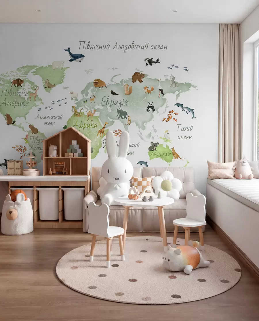 Fotobehang Een groene kaart in aquarelstijl met dieren. Teksten in het Oekraïens c00012ukv2