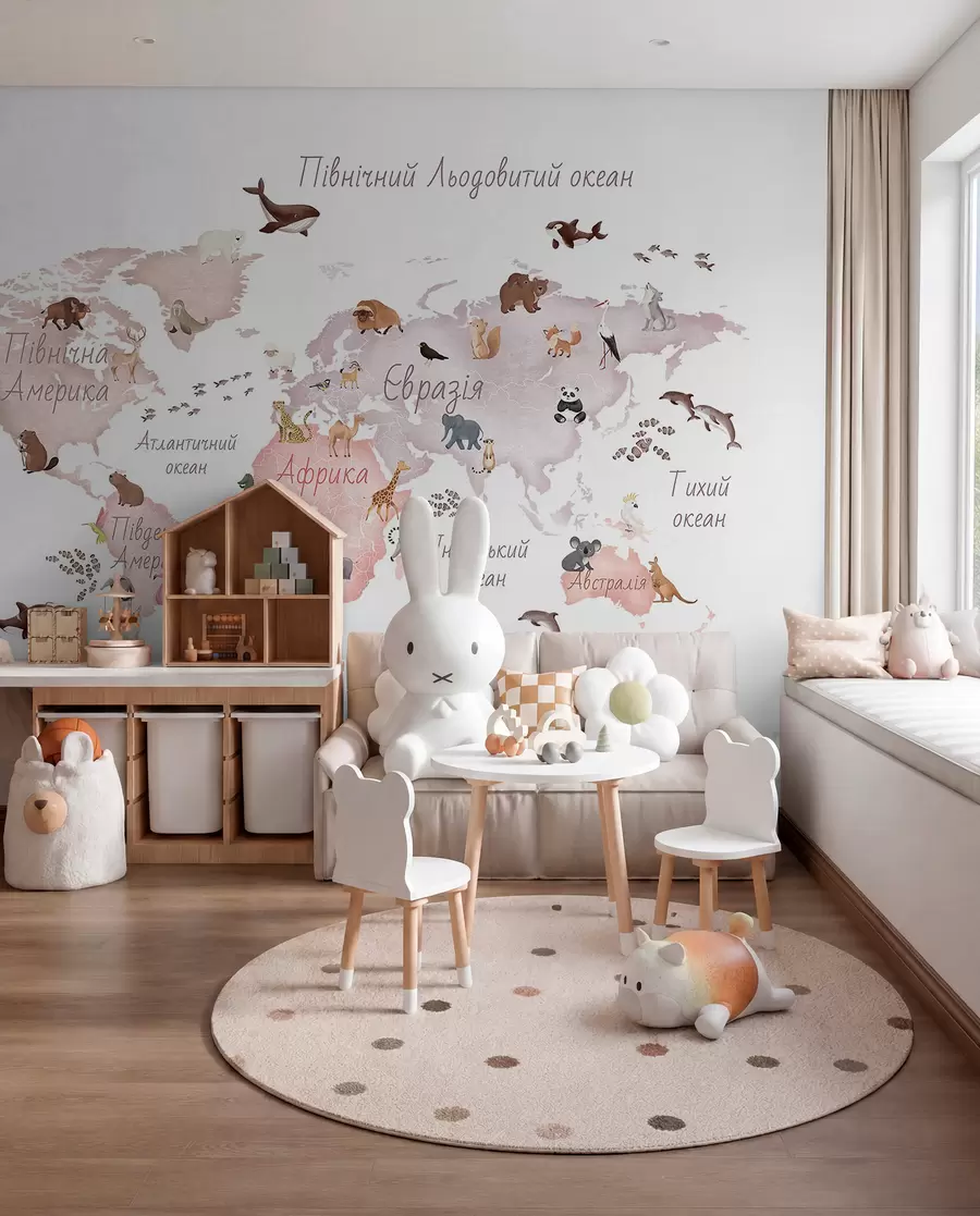 Fotobehang Een beige kaart in aquarelstijl met dieren. Opschriften in het Oekraïens c00012ukv3
