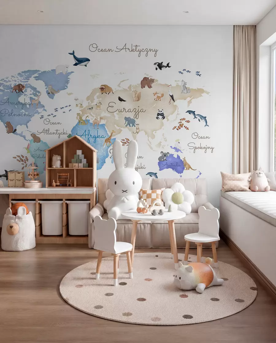 Fotobehang Een blauwe kaart in aquarelstijl met dieren. Opschriften in het Pools c00012plv1