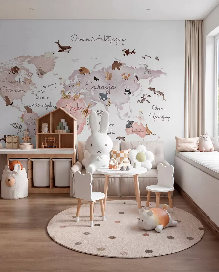 Fotobehang Een beige kaart in aquarelstijl met dieren. Opschriften in het Pools c00012plv3