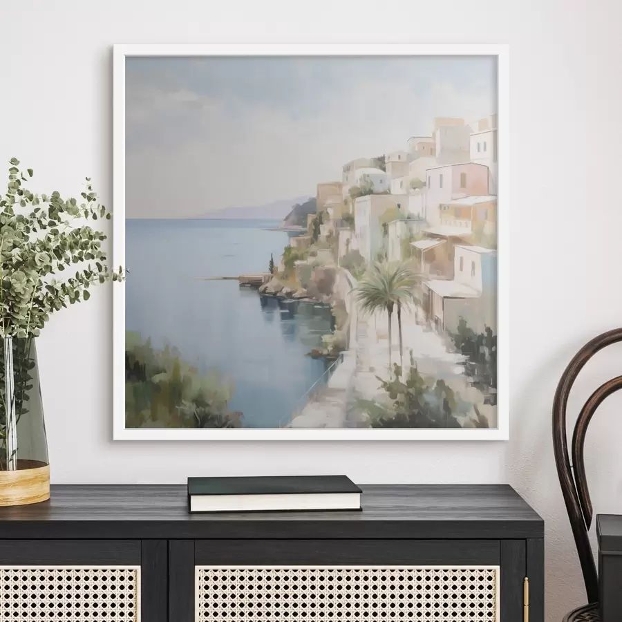 Fotobehang Landschap van een stad aan zee, schilderijimitatie f48674