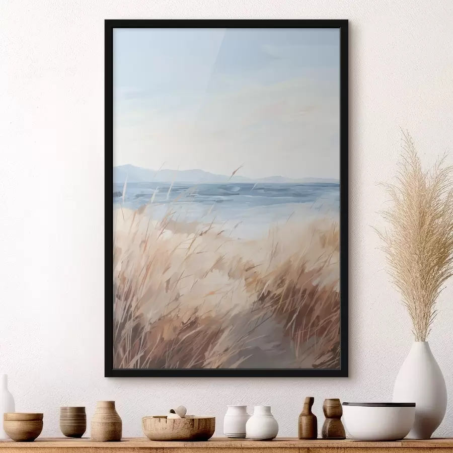 Fotobehang Een schilderij dat een kustlandschap uitbeeldt f48678