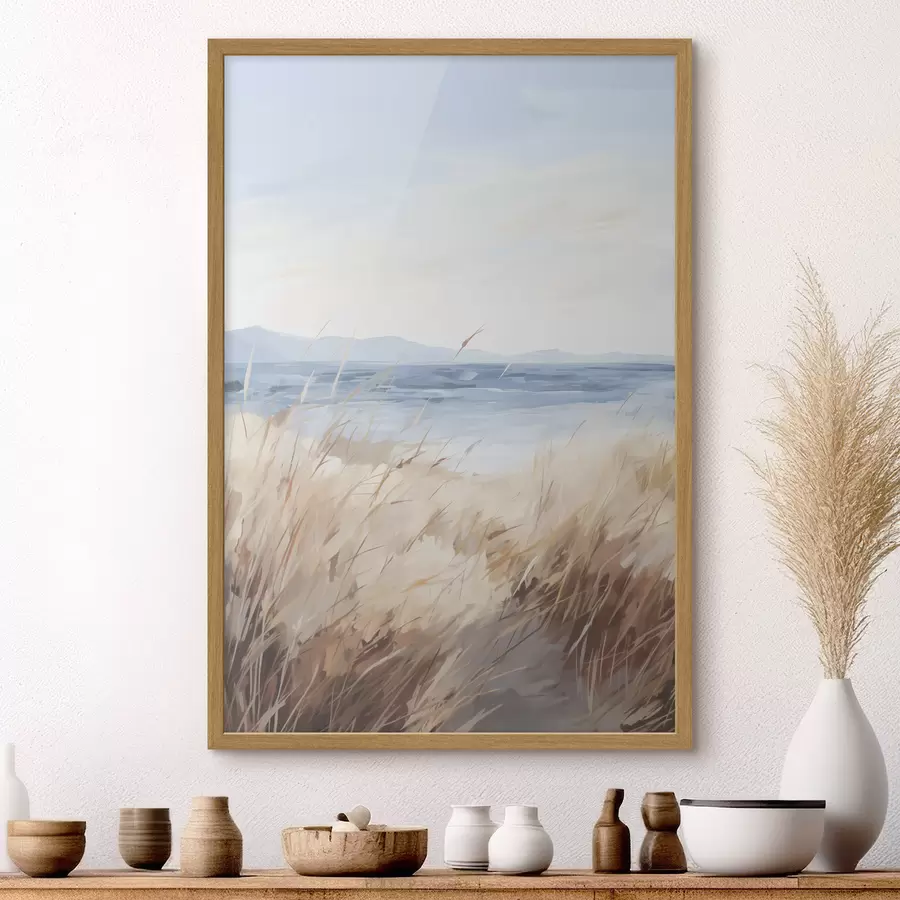 Fotobehang Een schilderij dat een kustlandschap uitbeeldt f48678