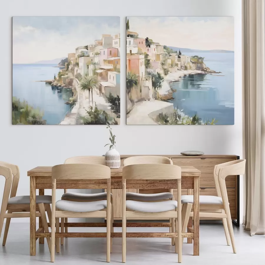  Schilderijen Landschap van een stad aan zee, schilderijimitatie m30295