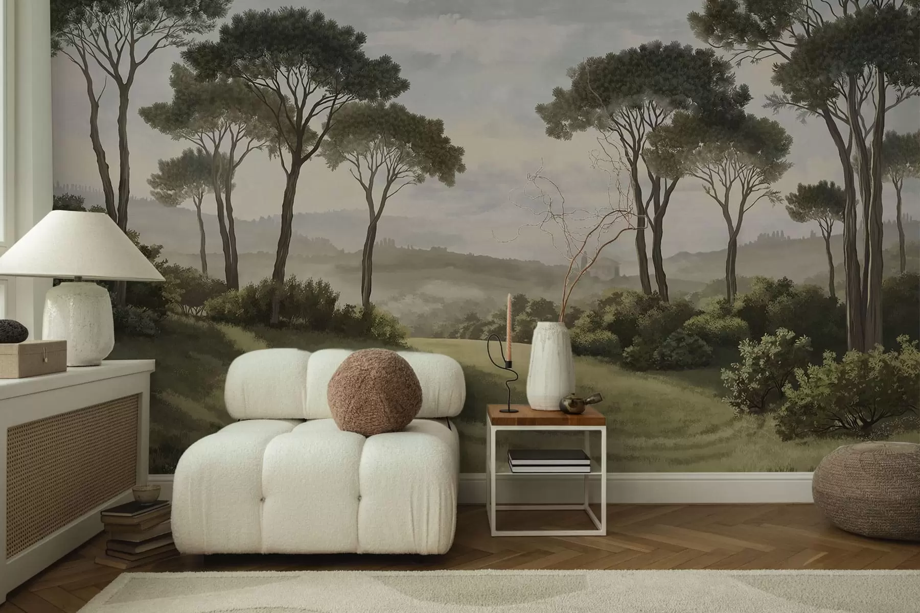 Fotobehang Landschap met bomen, een weide en mist in de verte w05122v1