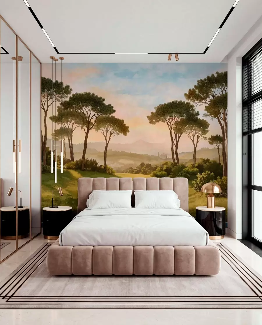 Fotobehang Landschap met bomen in het warme licht van de zonsondergang w05122