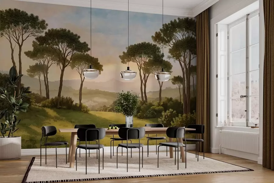 Fotobehang Landschap met bomen in het warme licht van de zonsondergang w05122