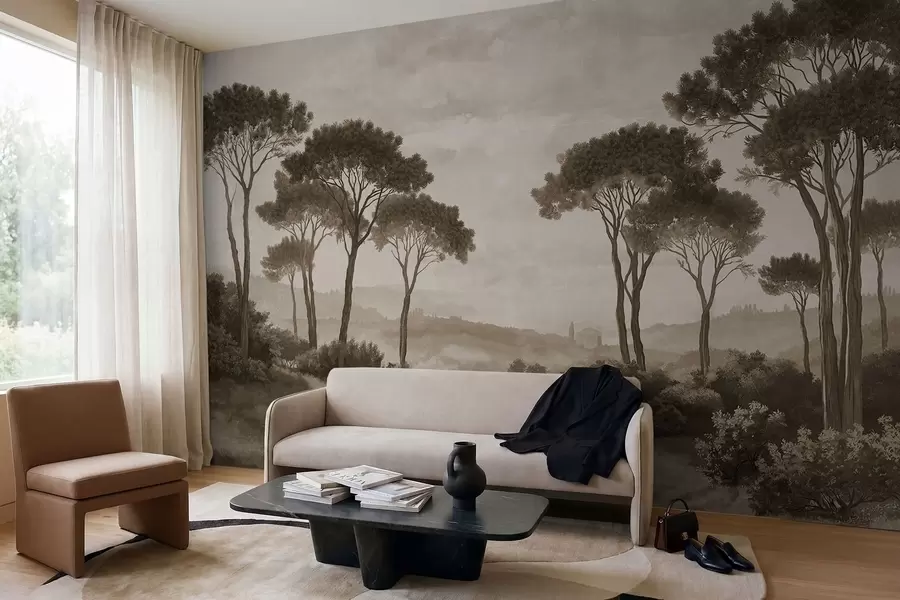 Fotobehang Landschap met bomen in vintage sepia-tinten w05122v2