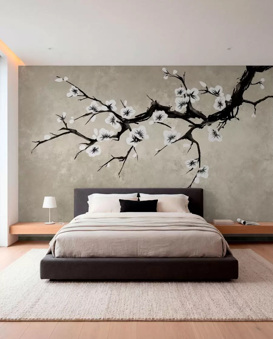 Fotobehang Tak met witte bloesems in minimalistische stijl w05425