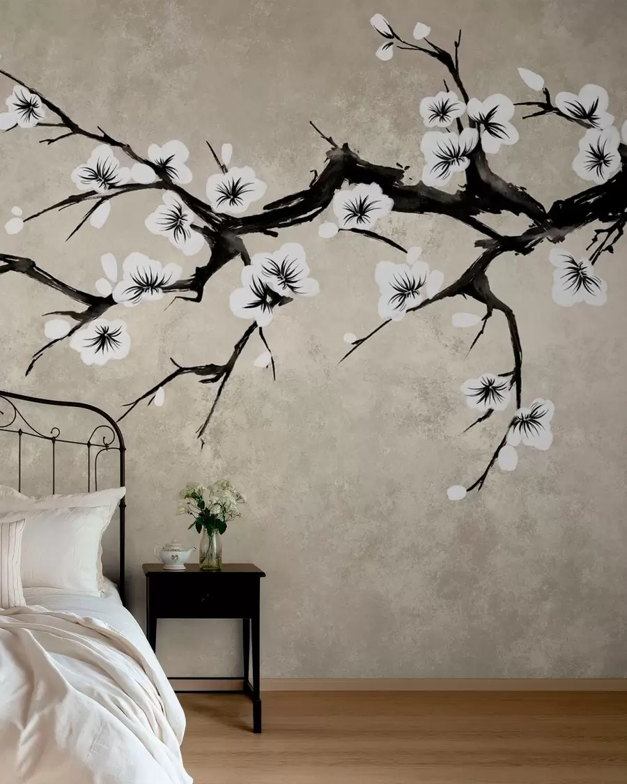 Fotobehang Tak met witte bloesems in minimalistische stijl w05425