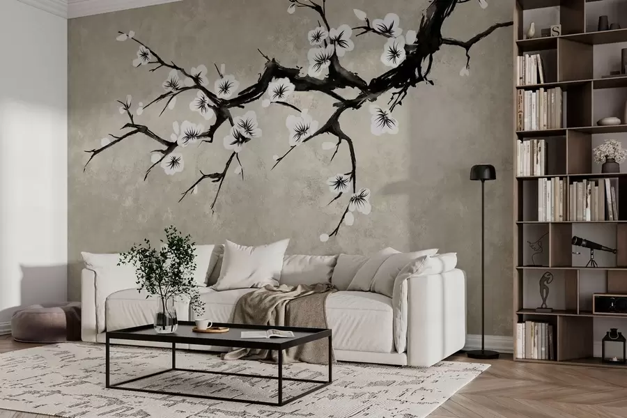 Fotobehang Tak met witte bloesems in minimalistische stijl w05425