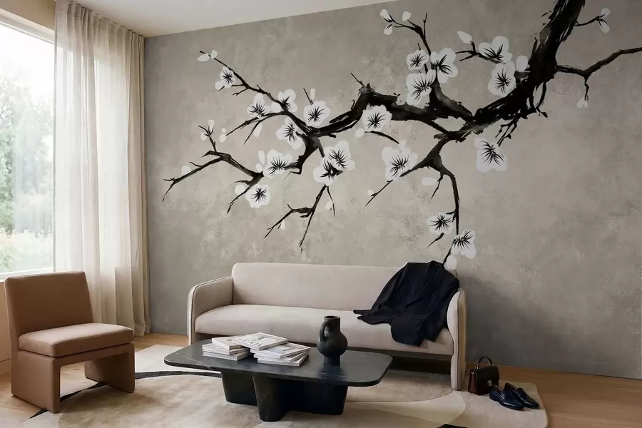 Fotobehang Tak met witte bloesems in minimalistische stijl w05425