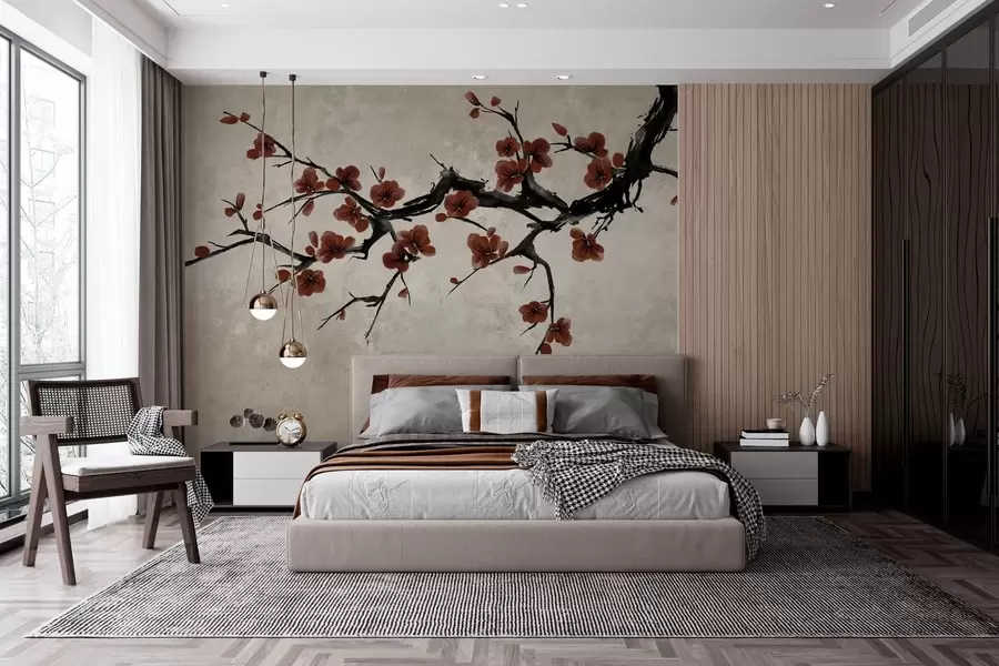 Fotobehang Tak met donkerrode bloesems tegen een neutrale achtergrond w05425v1