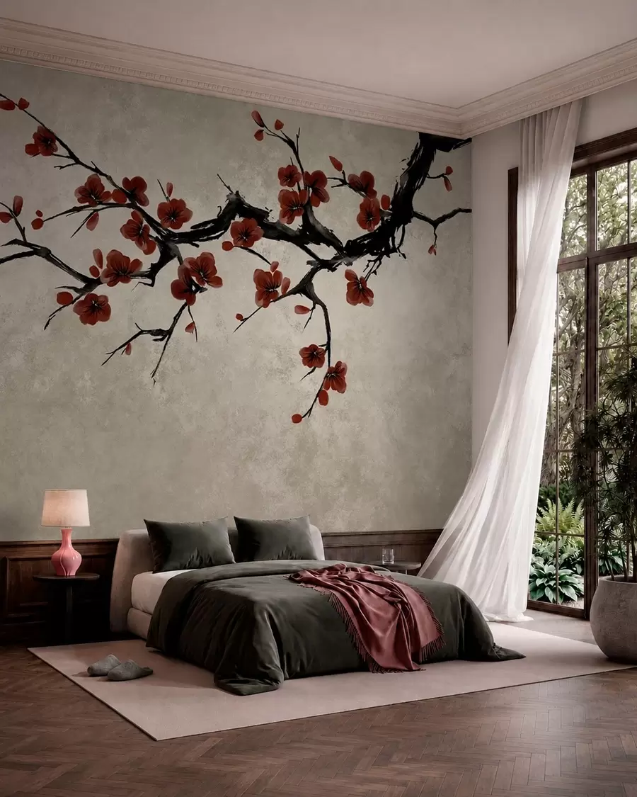 Fotobehang Tak met donkerrode bloesems tegen een neutrale achtergrond w05425v1
