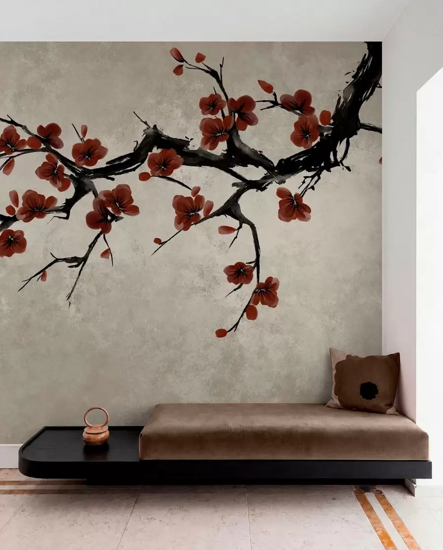 Fotobehang Tak met donkerrode bloesems tegen een neutrale achtergrond w05425v1