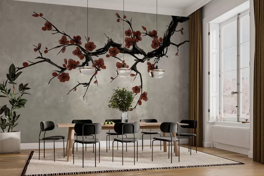 Fotobehang Tak met donkerrode bloesems tegen een neutrale achtergrond w05425v1