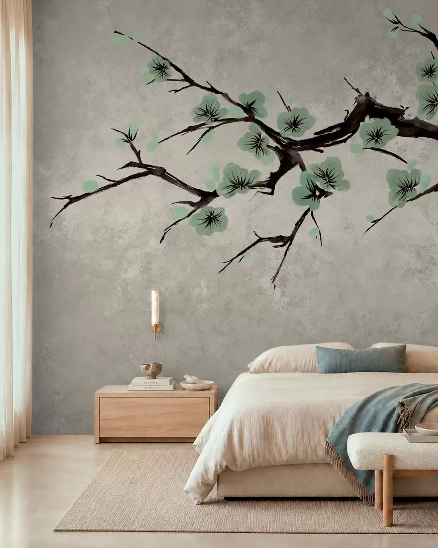 Fotobehang Tak met groene bloesems in rustige tinten w05425v2