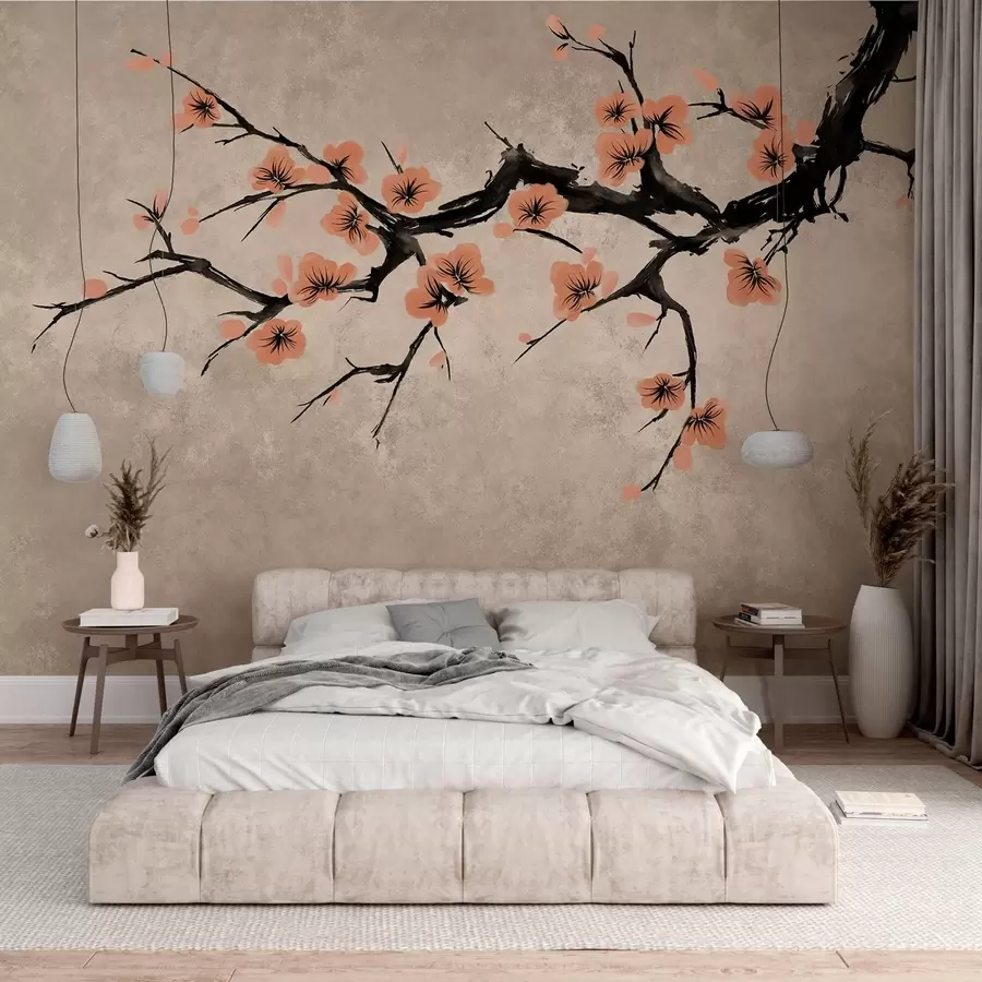 Fotobehang Tak met perzikbloesems op een gestructureerde achtergrond w05425v3